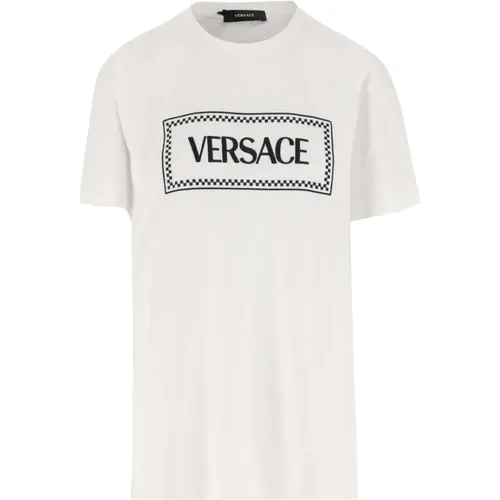 Kontrastierendes Logo-Print Rundhals-T-Shirt , Damen, Größe: 2XS - Versace - Modalova