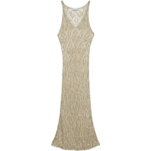 Goldenes Metallic V-Ausschnitt Midi Kleid , Damen, Größe: S - Ganni - Modalova