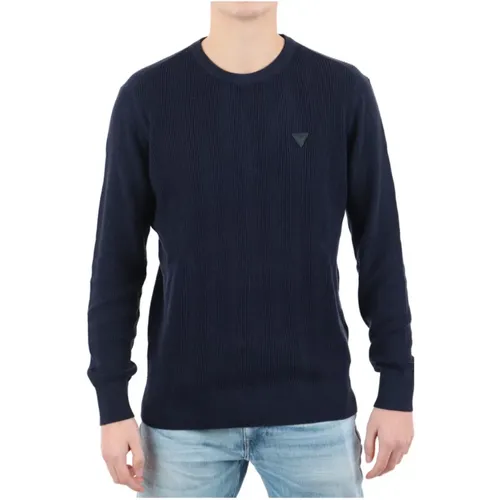 Blaue Baumwoll-Modal-Pullover - Gerade Passform , Herren, Größe: XL - Guess - Modalova