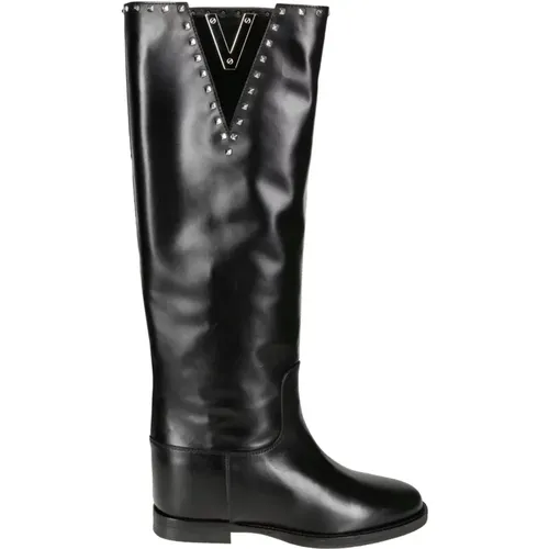 Leather Wedge Boots with V and Metal Studs , female, Sizes: 3 UK, 5 UK - Via Roma 15 - Modalova