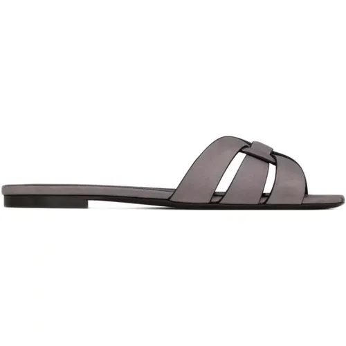 Grey Leather Square Toe Sliders , female, Sizes: 2 UK - Saint Laurent - Modalova