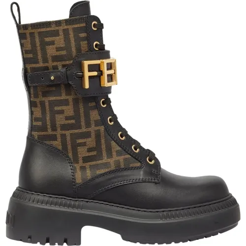 Leather Boots with FF Fabric , female, Sizes: 4 UK - Fendi - Modalova