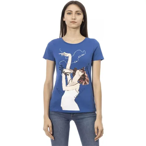 Blaues Baumwoll-T-Shirt mit Kurzen Ärmeln und Frontdruck , Damen, Größe: S - Trussardi - Modalova