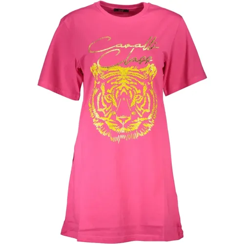 Rosa T-Shirt mit kurzen Ärmeln und Rundhalsausschnitt , Damen, Größe: L - Cavalli Class - Modalova