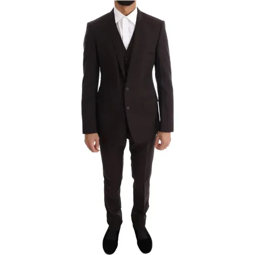 Braun Gestreifter Slim Fit 3-Teiliger Anzug - Dolce & Gabbana - Modalova