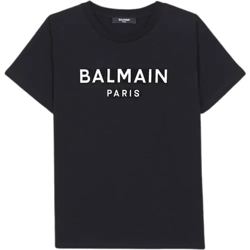 Schwarzes Baumwoll-T-Shirt mit silberner dekorativer Druck - Balmain - Modalova