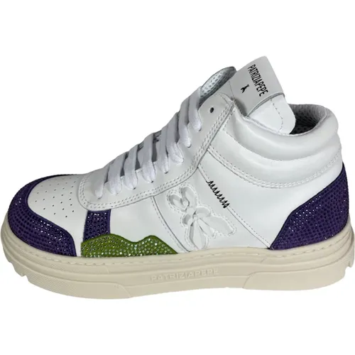 Z0081 V021 Damen Plateau-Sneaker mit Strass Leder Weiß / Lila / Grün , Damen, Größe: 38 EU - PATRIZIA PEPE - Modalova