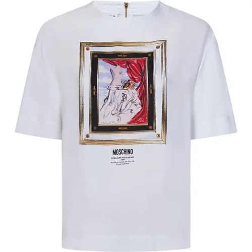 Weißes Shirt mit Grafischem Druck und Goldener Reißverschluss - Moschino - Modalova