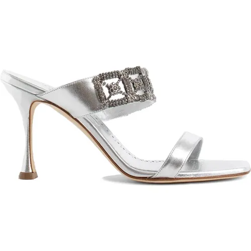 Silver Ankle Strap Sandals with Crystal Decoration , female, Sizes: 5 1/2 UK, 6 1/2 UK, 4 1/2 UK - Manolo Blahnik - Modalova