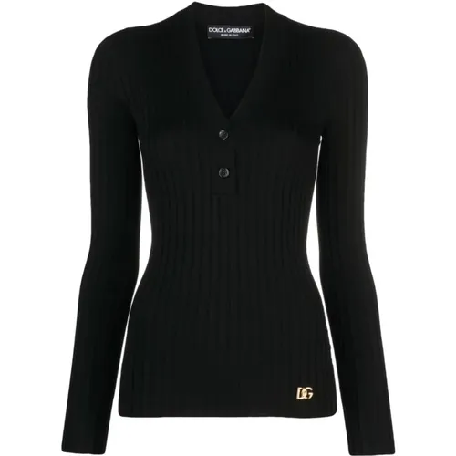 Logo Plaque V-Neck Sweater , female, Sizes: L, S - Dolce & Gabbana - Modalova