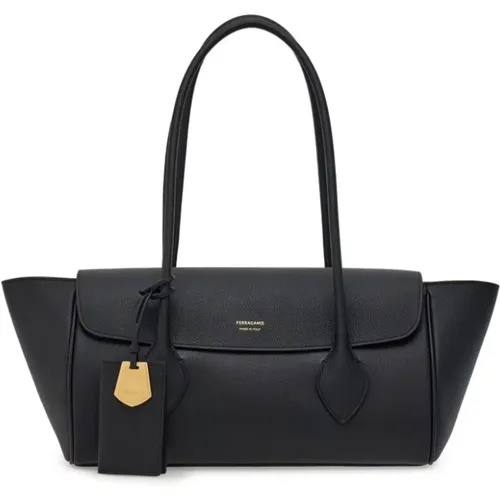 Logo Print Schwarze Leder Tote Tasche - Salvatore Ferragamo - Modalova