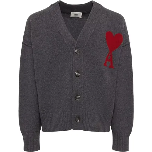 Grey Heart Cardigan Sweater , male, Sizes: XL - Ami Paris - Modalova