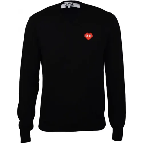 Schwarzer Woll V-Ausschnitt Pullover mit rotem Herzemblem - Comme des Garçons - Modalova