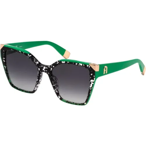 Geometrische Sonnenbrille mit marmor-schwarzem Rahmen und grünem Profil , Damen, Größe: 54 MM - Furla - Modalova
