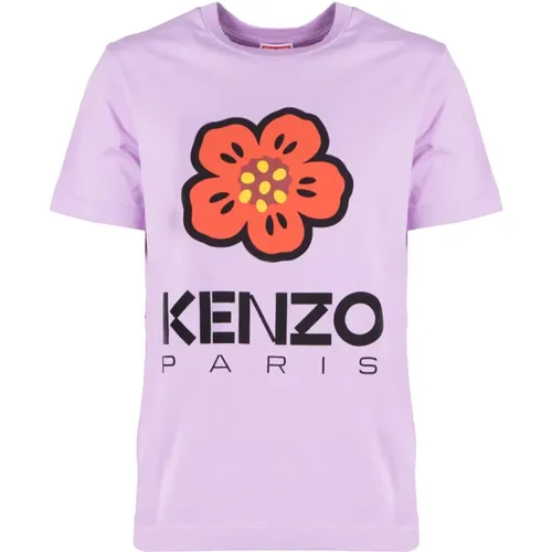 Lockeres lilafarbenes T-Shirt mit Boke Blumenlogo , Damen, Größe: S - Kenzo - Modalova