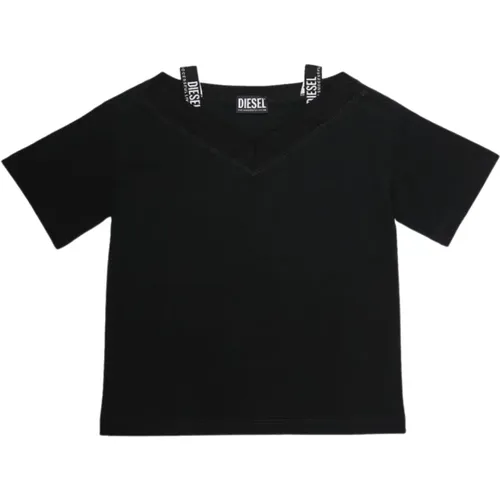 Schwarzes Kinder T-Shirt mit halben Ärmeln und V-Ausschnitt - Diesel - Modalova