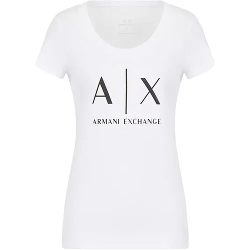 Weißes Logo T-Shirt Langarm Rundhals , Damen, Größe: L - Armani Exchange - Modalova