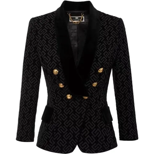 Double-Breasted Jacket with Flock Logo Pattern , female, Sizes: M, L - Elisabetta Franchi - Modalova