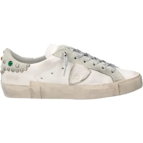 Low-top Sneakers Prsx - White Leather and Suede with Studs and Stones , female, Sizes: 3 UK, 5 UK, 8 UK - Philippe Model - Modalova