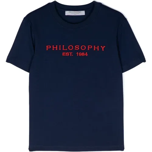 Blau Logo Besticktes Baumwoll-T-Shirt - Philosophy di Lorenzo Serafini - Modalova