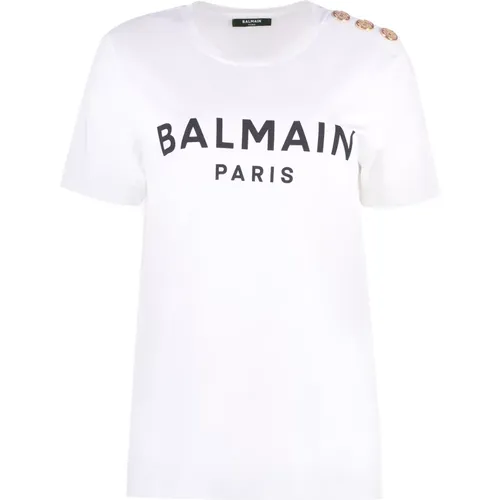 Baumwoll Crew-Neck T-Shirt mit Verzierten Knöpfen , Damen, Größe: M - Balmain - Modalova