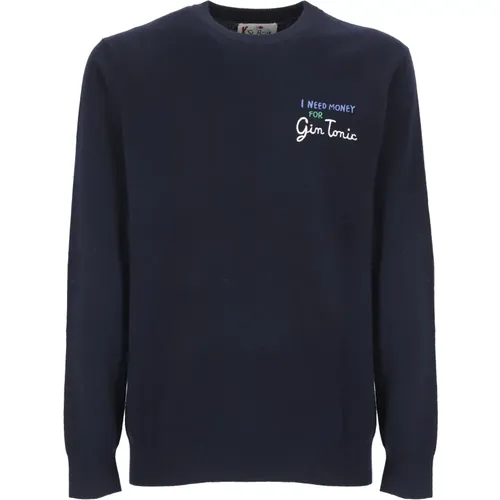 Blauer Crew Neck Pullover mit Money Gin Stickerei , Herren, Größe: L - Saint Barth - Modalova