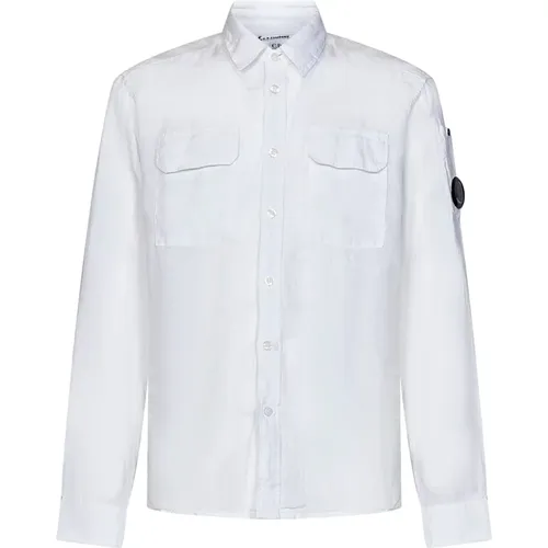 Weißes Leinen Langarmhemd mit Lens-Detail , Herren, Größe: M - C.P. Company - Modalova
