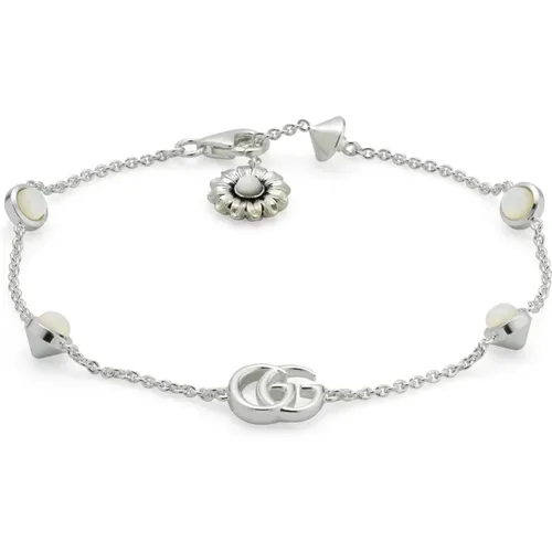 Sterling Silver and Mother of Pearl Bracelet with Double G and Flower Details , female, Sizes: ONE SIZE - Gucci - Modalova