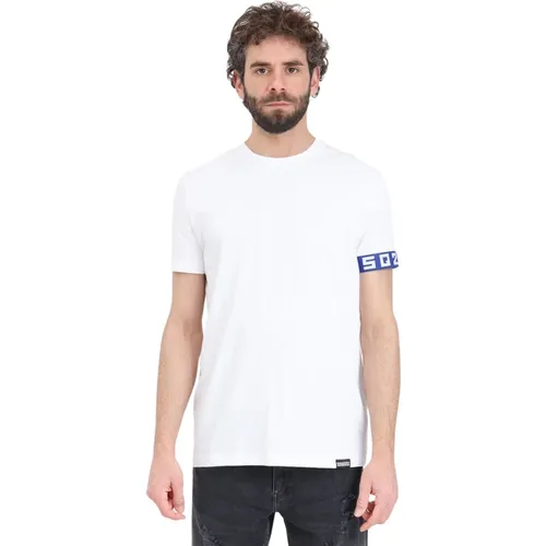 Weißes Herren T-Shirt mit blauem elastischem Band , Herren, Größe: XL - Dsquared2 - Modalova