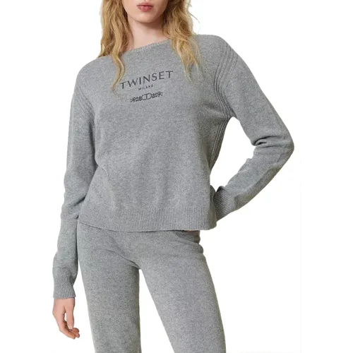 Melange Grauer Wollpullover , Damen, Größe: S - Twinset - Modalova