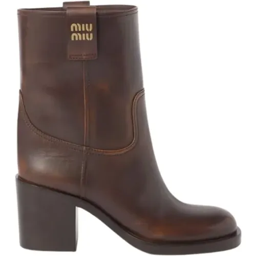 Leather ankle boots with logo , female, Sizes: 3 UK, 4 1/2 UK - Miu Miu - Modalova