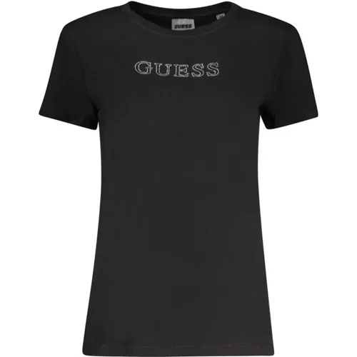 Schwarzes Baumwoll-T-Shirt mit Kurzen Ärmeln und Strass-Details , Damen, Größe: XS - Guess - Modalova