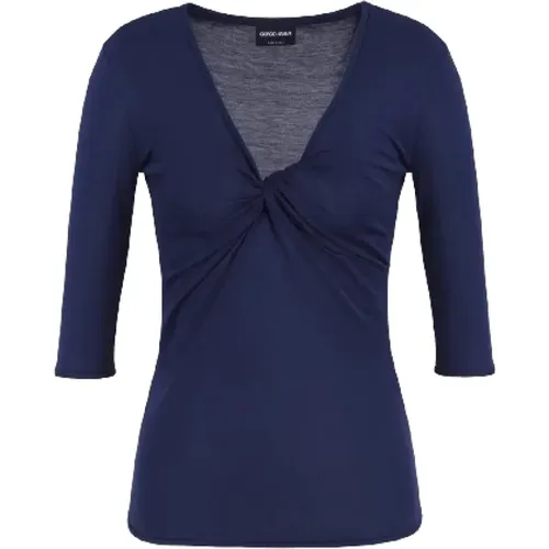 Blauer V-Ausschnitt Torchon Pullover , Damen, Größe: S - Giorgio Armani - Modalova