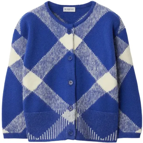 Blaue Intarsia-Gestrickte Check Sweaters für Kinder - Burberry - Modalova