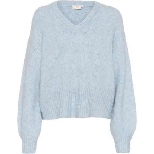 Blauer Melange Strickpullover mit Puffärmeln , Damen, Größe: S - Kaffe - Modalova