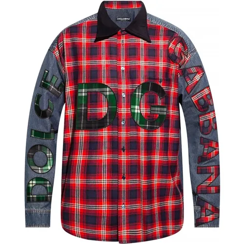 Patchwork Flannel Shirt with Corduroy Collar , male, Sizes: M, L - Dolce & Gabbana - Modalova