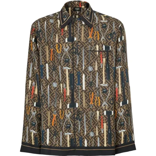 Brown Silk Shirts with Tool Print , male, Sizes: M, L, S - Fendi - Modalova