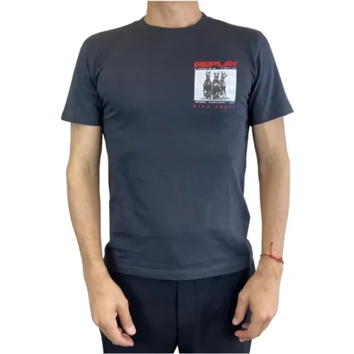 Graues T-Shirt mit kurzen Ärmeln , Herren, Größe: M - Replay - Modalova