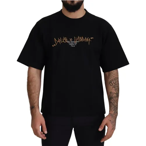 Schwarzes Baumwollmischung Rundhals T-Shirt , Herren, Größe: S - Dolce & Gabbana - Modalova