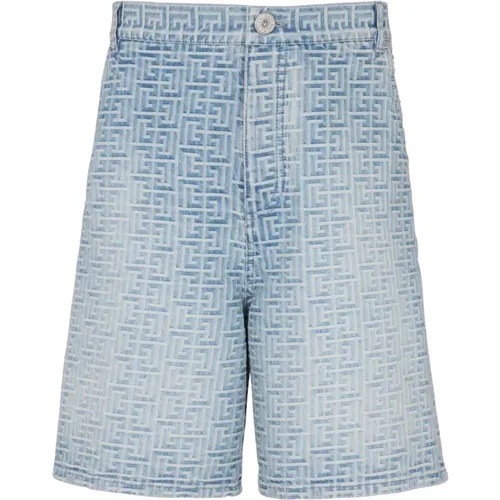 Monogrammed straight-cut denim shorts , male, Sizes: W32 - Balmain - Modalova