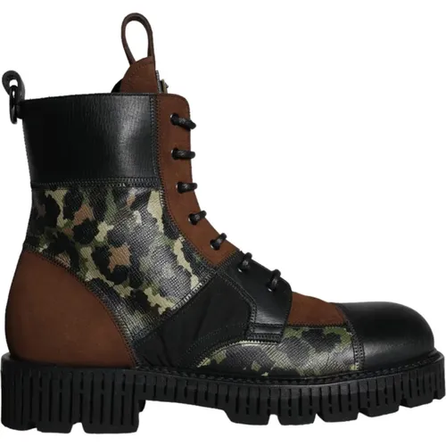 Camouflage Leather Combat Boots , male, Sizes: 10 UK - Dolce & Gabbana - Modalova