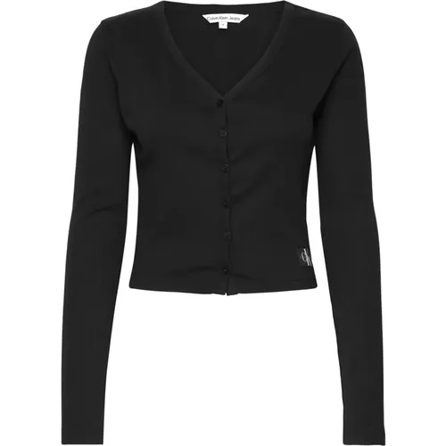 Schwarzer Rippstrick-Cardigan mit Knopfverschluss , Damen, Größe: XS - Calvin Klein Jeans - Modalova