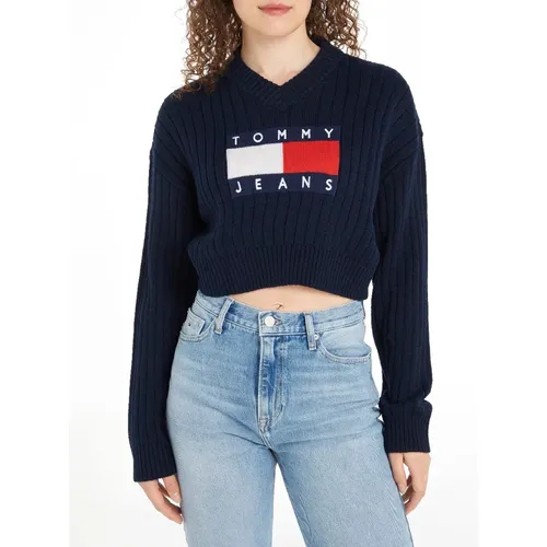 Blauer Pullover mit V Center Flag , Damen, Größe: L - Tommy Jeans - Modalova