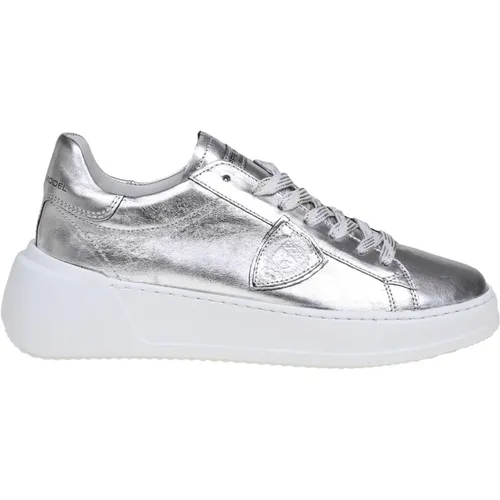 Silver Laminated Leather Sneakers , female, Sizes: 6 UK, 5 UK - Philippe Model - Modalova