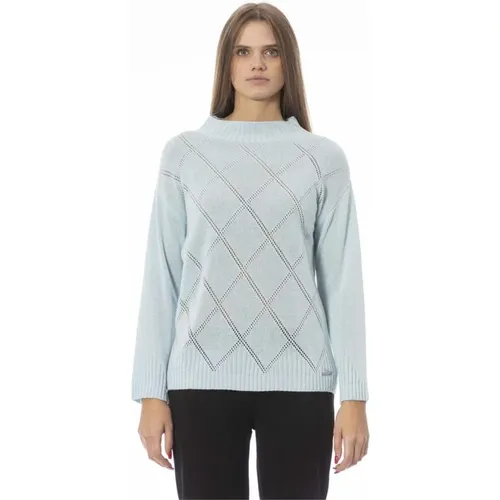 Blauer Wollpullover mit gerippten Details , Damen, Größe: L - Baldinini - Modalova