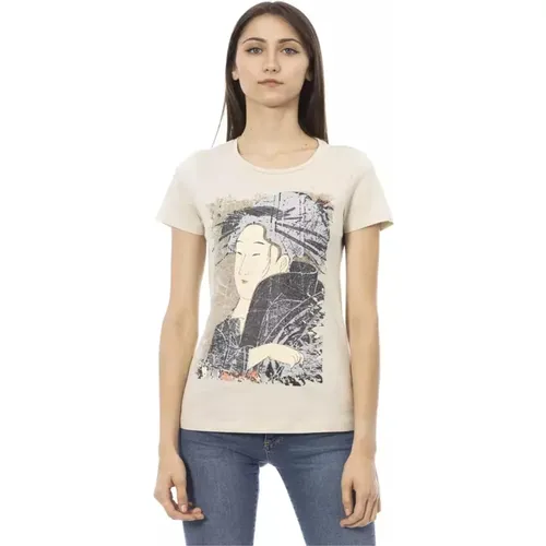 Baumwoll T-Shirt mit Kurzen Ärmeln und Frontdruck , Damen, Größe: XL - Trussardi - Modalova