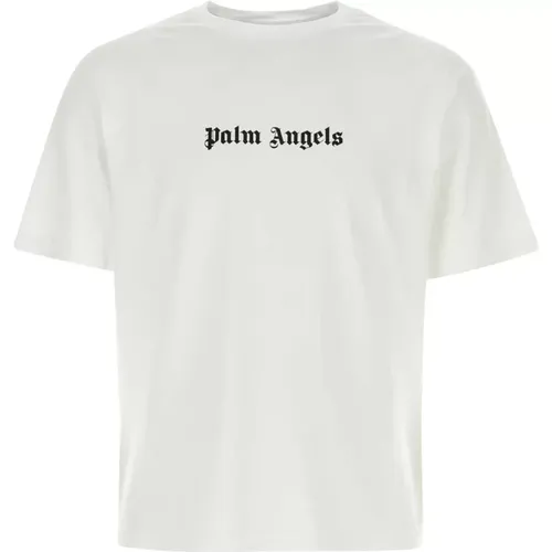 Weiße Baumwoll-T-Shirt,Weißes geripptes Crew-neck T-Shirt - Palm Angels - Modalova