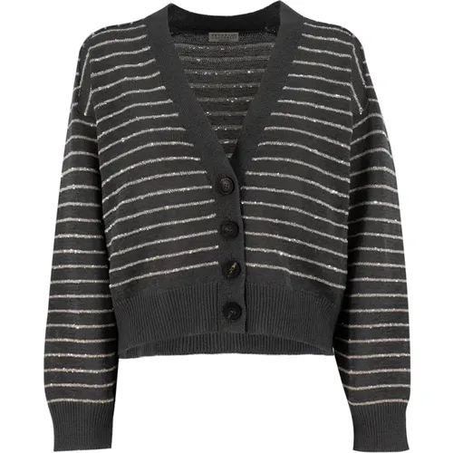 Striped Cardigan with Luminous Thread , female, Sizes: L, M - BRUNELLO CUCINELLI - Modalova