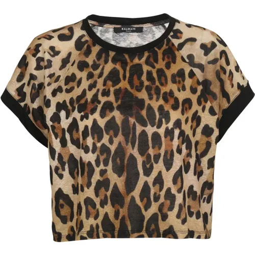 Cropped linen T-shirt with leopard print , female, Sizes: M, XS - Balmain - Modalova