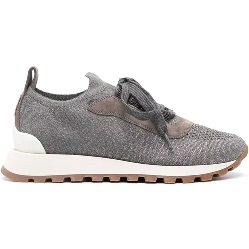 Metallic Grey Knitted Sneakers with Perforated Toebox , female, Sizes: 6 UK, 5 UK, 4 UK, 7 UK - BRUNELLO CUCINELLI - Modalova